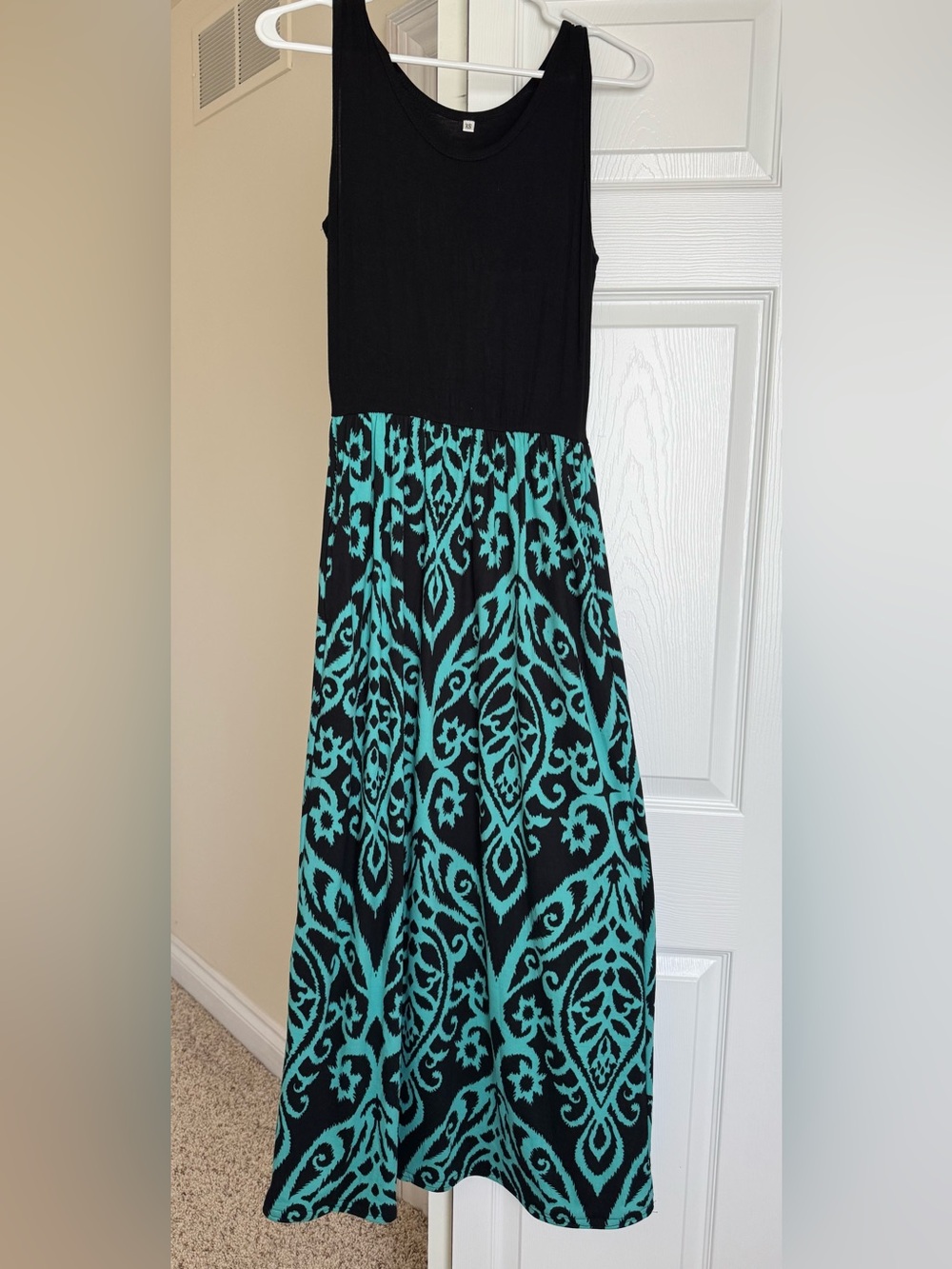 Molerani- from Amazon. Sleeveless Black & Teal Patterned Maxi Dress